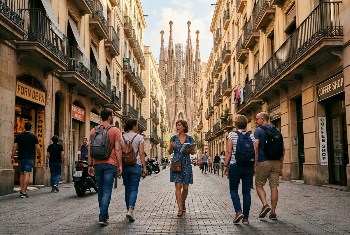 Kleine Reisegruppe folgt bei einer barcelona tour sagrada familia einem Guide durch eine zentrale Barcelona-Straße mit den Türmen der Basilika im Hintergrund