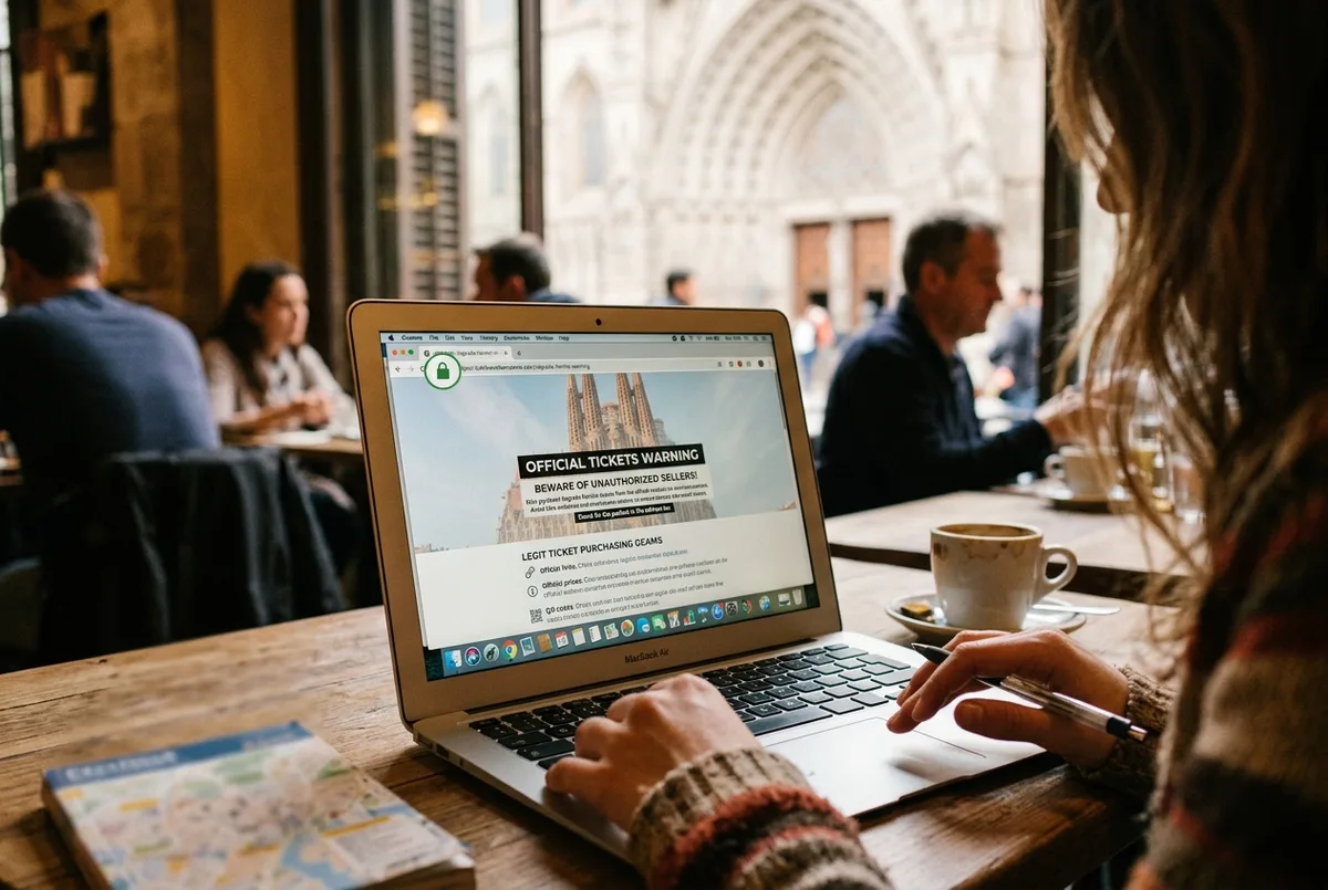 Reisende prüft misstrauisch eine sagrada familia tickets seriös Warnmeldung auf dem Laptop-Bildschirm in einem Barcelona Apartment