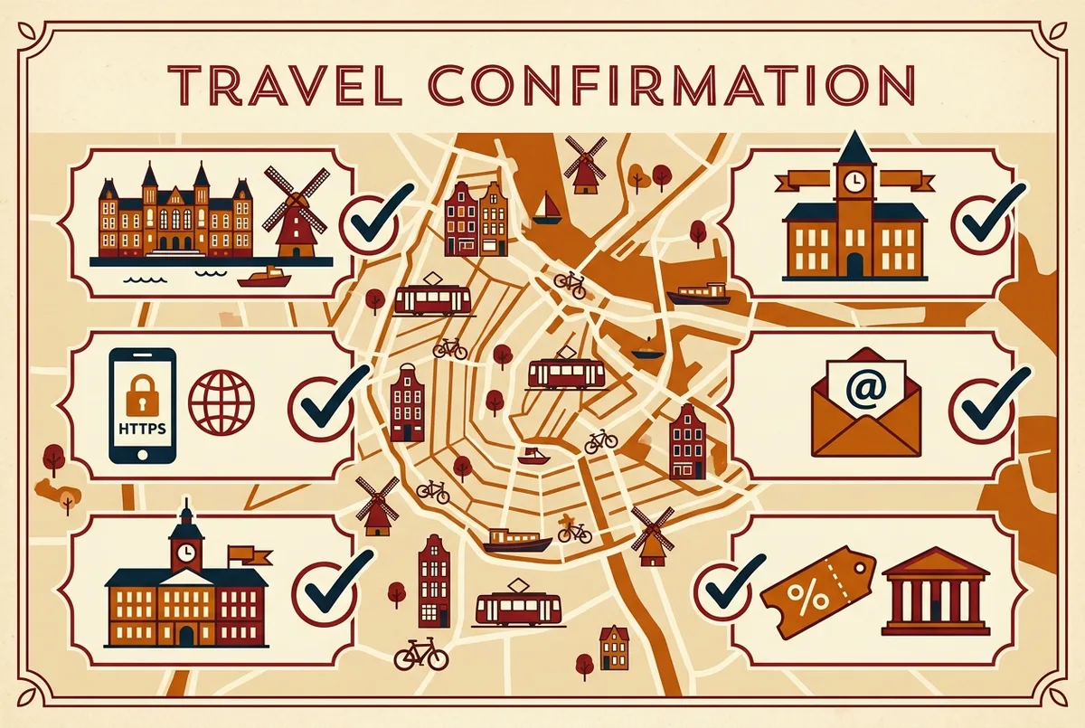 Checkliste-Infografik sagrada familia tickets seriös mit Warnzeichen wie fehlendem HTTPS, ungewöhnlich niedrigem Preis und fehlender Bestätigungsmail