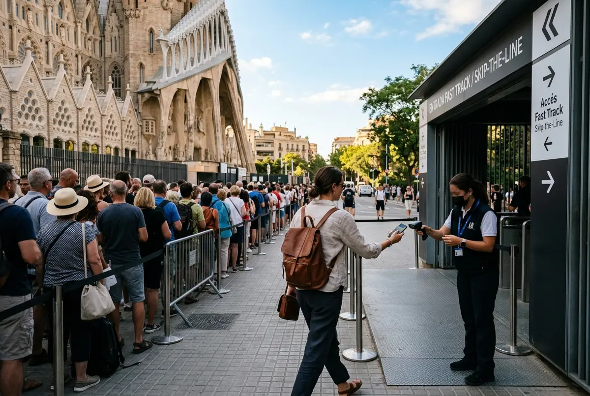 Reiziger loopt langs een lange wachtrij voor de gewone ingang direct naar de sagrada familia tickets skip the line ingang, terwijl personeel een ticket op de telefoon controleert