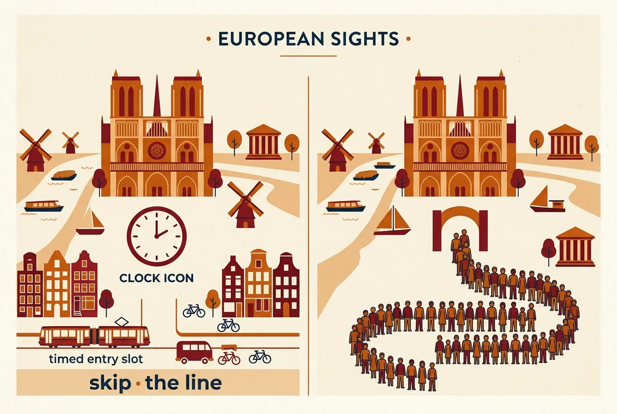 Vergelijkingsgrafiek die de sagrada familia tickets skip the line ingang naast een lange wachtrij voor de gewone entree toont, met een kloksymbool voor het vaste tijdslot