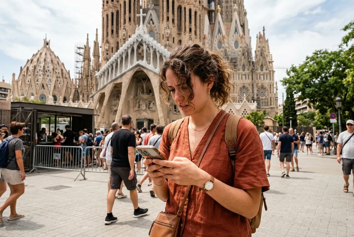Viatger mirant amb preocupacio una pantalla de mobil que marca exhaurida una entrada sagrada familia hoy davant la basilica al migdia